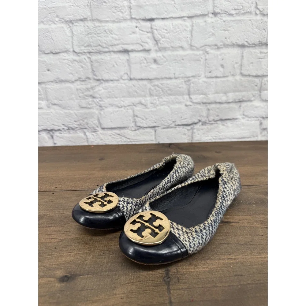 Tory Burch Reva Tweed Ballet Flats Blue Ivory Gold Logo Cap Toe Size 7